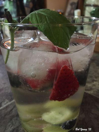Hnedrick's Gin and Tonic with strawberries, white grapes and blueberries Deliciously refreshing on a hot summer day. The hint of cucumber in the gin - that is what makes Hendrick's Gin so wonderful - really adds to the fruitiness of the drink. Plus, it is a pretty drink! Enjoy!