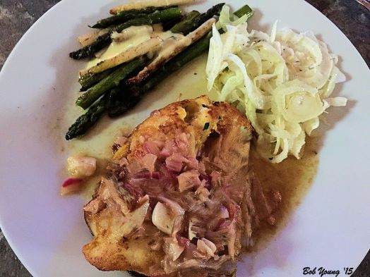 Braised Red Snapper in a White Wine Reduction Braised White and Green Asparagus with aioli mayonnaise sauce Shaved Fennel and Celery Salad