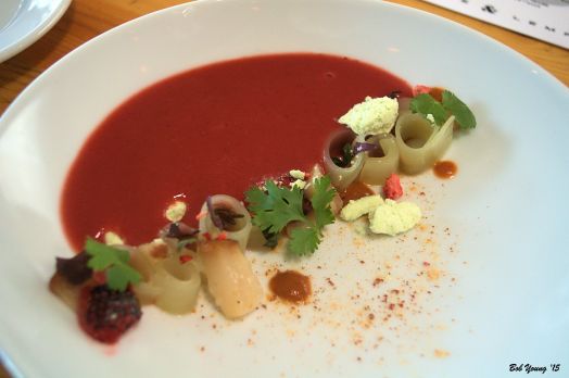 Strawberry & Cucumber Scallop. Cilantro. Shiso Patrick Bottex – “La Cueille” Gamay / Poulsard