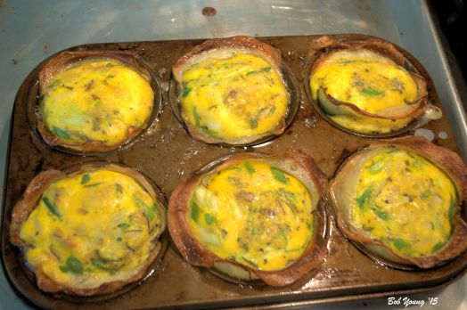 Eggs in Pockets Spray cup cake pan. Shave - slice thin -potatoes and line cups. Bake off to lightly brown at 350 degrees F. Scramble several eggs and add whatever you want to the mix. Pour into cups. Bake at 350 degrees F until eggs are set. Remove from oven and cool. Remove Pockets aand serve.