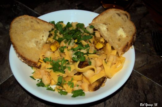 Homemade Pasta in White Wine Reduction  with braised squash, eggplant, shaved fennel, scallops