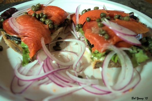 Lox and cream Cheese cream cheese, red lettuce, shaved onion,  capers, homemade lox