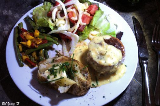 Baked Potato with Chives Braised Fresh Green Beans, Carrots and Roasted Peppers Green Salad with Fresh Tomatoes, Fennel and Celery Bacon Wrapped Beef Tenderloin with Bernaise Sauce