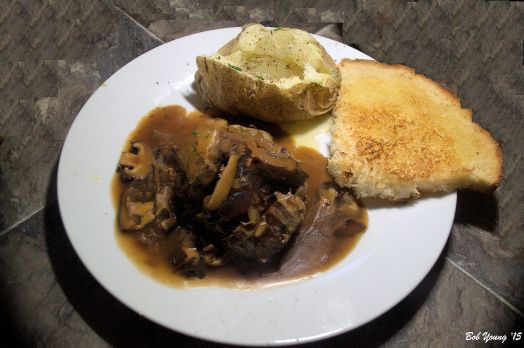 Salisbury Steak with mushroom dark gravy Baked Potato with butter and chives Toasted Basque Bread