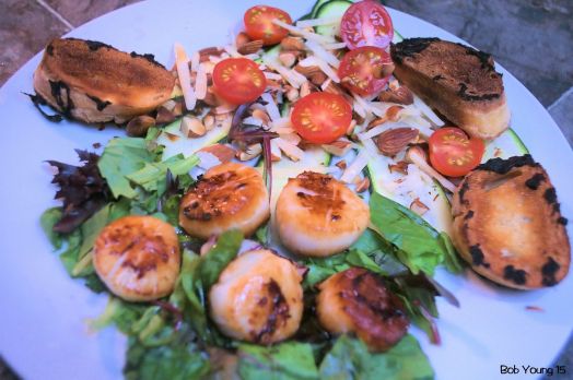 Braised Scallops Shaved Zucchini Salad with Tomatoes Basil and Cheese