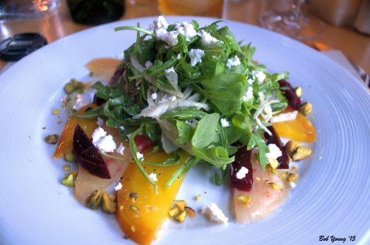 Heirloom Beet Salad rainbow beets, shavel fennel, arugula, Rolling Stone goat cheese feta, toasted pistachios and champagne vinaigrette