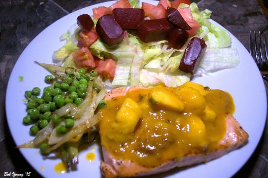 Salmon with Mango Cream Sauce Sauteed Fennel and Peas Green Salad with Tomatoes and Beets 2014 Marchesi Winery Anjola Pinot Grigio
