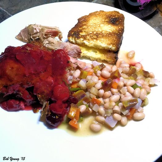 5 Hour Roasted Duck Cherry, Cranberry and Rosemary Sauce Sourdough Toast White Bean and Heirloom and Baby Turnip Vegetable Medley