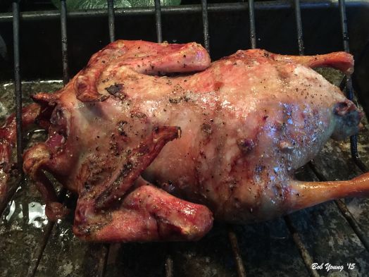 The duck after two hours at 300 degrees F. The duck is not covered throughout the entire cooking process.