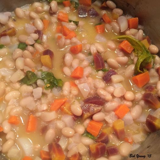 Side dish of white beans, heirloom carrots and baby turnips. This accompanies the dinner very well.