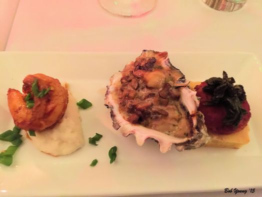 Cornbread with Andouille Sausage and Mustard Greens Grits with BBQ Shrimp Oysters Bienville