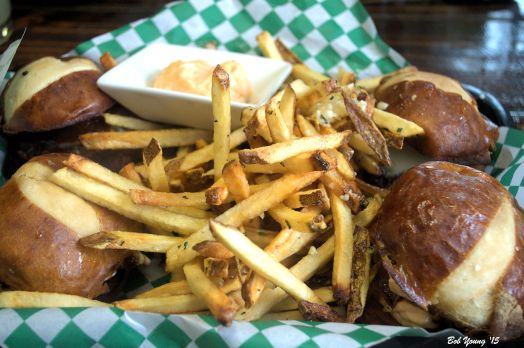 Sliders and Rosemary Garlic Truffle Fries choice of Ground Beef with smoked provolone, bacon and mesquite aioli  "Triple B" Ground Beef with bacon, bleu chees and BBQ Braised Pulled Pork with black cherry BBQ sauce