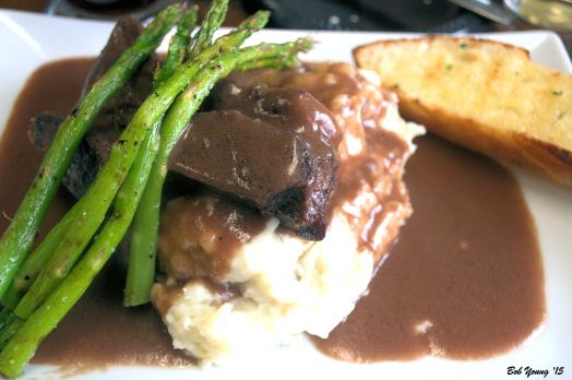 Slow Braised Beef Short Ribs rosemary mashed potatoes, grilled asparagus, homemade bread