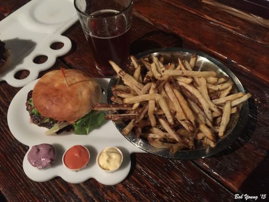 Buffalo Burger with Classic Topping (garlic aioli, spring mix, red onion, pickles, tomato) Russet Fries for Two