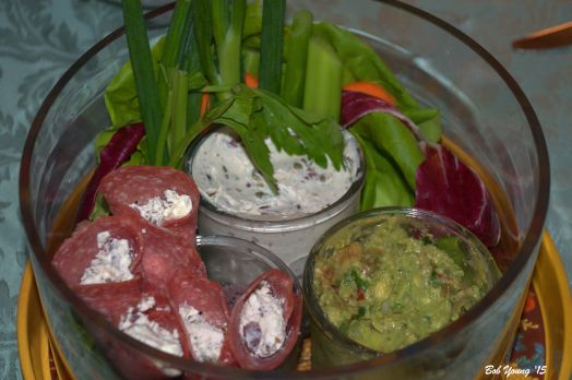 Robin made this super good appetizer dish from fresh veggies and dips and roll-ups. Delicious and fun!