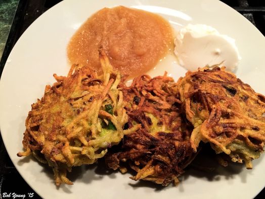 Potato Latkes Apple Sauce Sour Cream Mostly all Idaho products. Yummers!