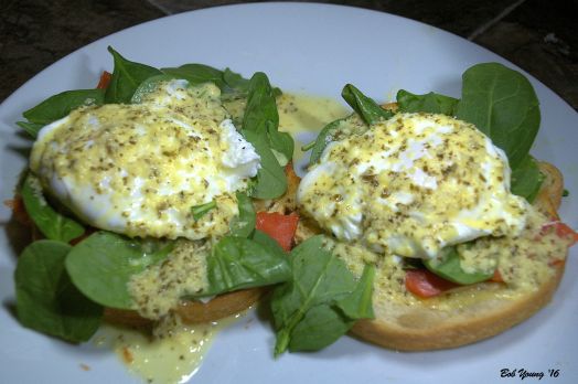 Eggs  Béarnaise with Fresh Baby Spinach and Salmon on Sourdough Toast