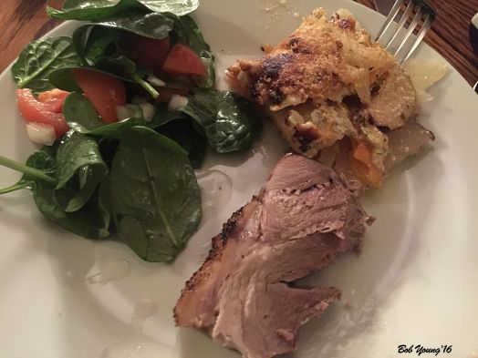 Roast Pork Spinach and Tomato Salad Oven Baked Escalloped Potatoes