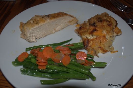Chicken Oveb Roasted Escalloped Potatoes Green Beans and Carrots