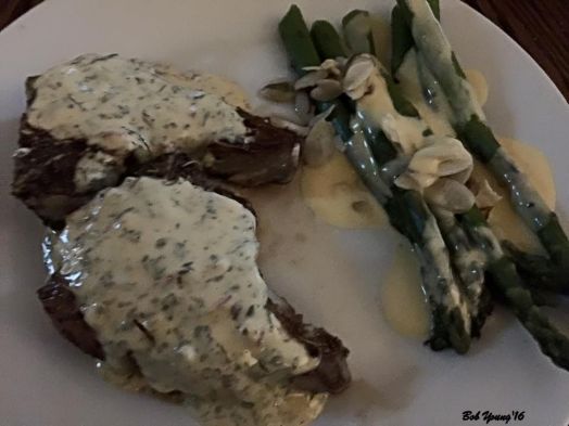 Saturday night Felzien Family Farms Lamb Chops with Bearnaise Sauce Steamed Asparagus with Hollandaise Sauce
