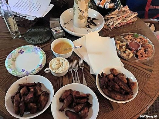 Shrimp, Chicken Wings, Dips and Sauces. Plenty of Tailgate Food!