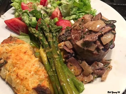 Beef Tenderloin with Mushrooms and Sherry Cream Sauce, Steamed Asparagus with Hollandaise Sauce, Twice Baked Potato and Green Salad with Tomatoes
