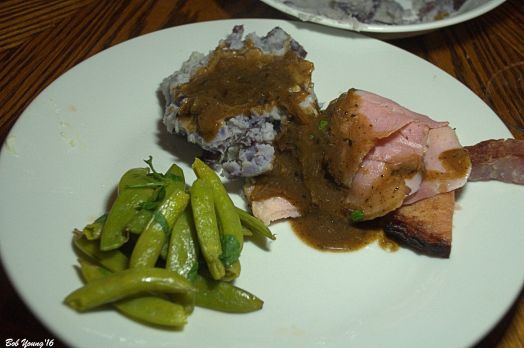 Ham Ham Gravy Smashed  Garlic Blue Potatoes Steamed and Minted Sugar Snap Peas