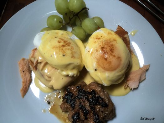 Salmon Benedict with Waffle Biscuits and Country Sausage Patty