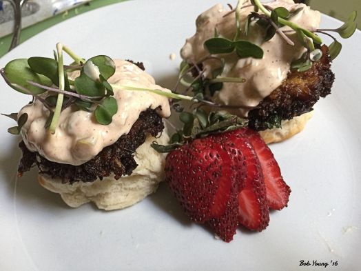 Crab Cakes on Biscuits with Strawberry Fan and Rumalade 