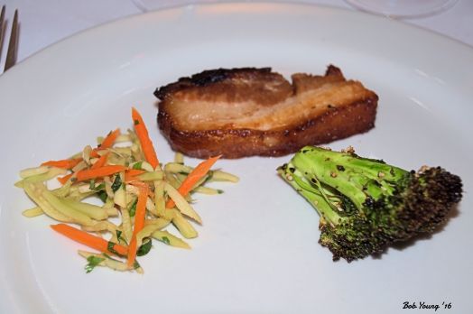 Soy and Brown Sugar-Glazed Pork Belly Roasted Sesame Brocolli 2014 Petit Sirahm Columbia Valley