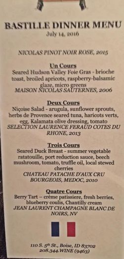 The menu for the evening