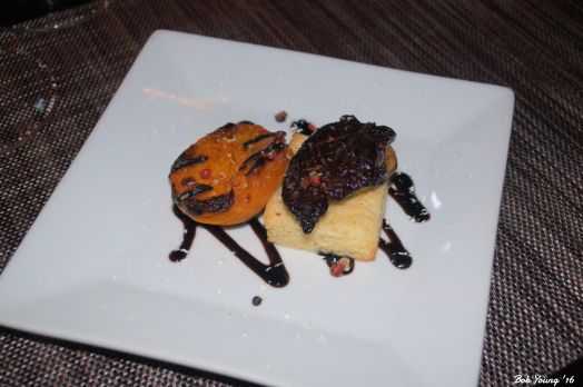 Seared Hudson Valley Foie Gras brioche toast, broiled apricots, raspberry-balsamic glaze and micro greens 2006 Maison Nicolas Sauterne
