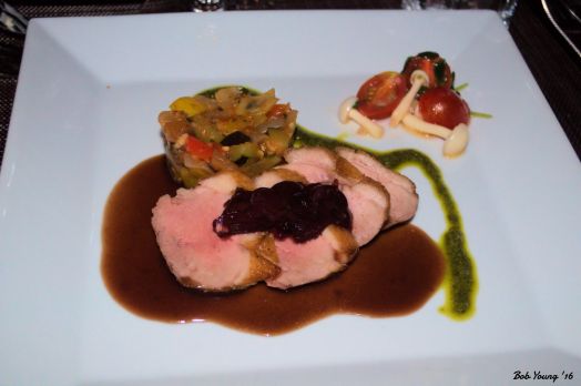 Seared Duck Breast summer vegetable ratatouille, port reduction sauce, beech mushroom, tomato, truffle oil, local stewed cherries 2010 hateau Patache d'Aux Cru Bourgeois, Medoc