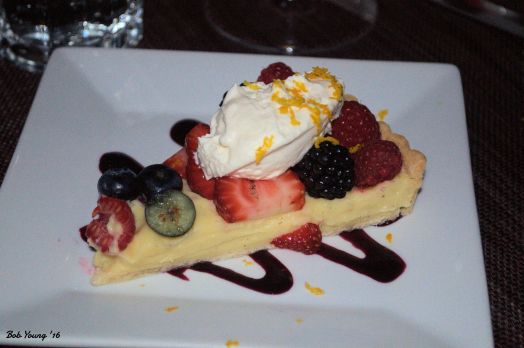 Berry Tart creme patissiere, fresh berries, blueberry coulis, Chantilly cream NV Jean Laurent Champagne Blanc de Noirs