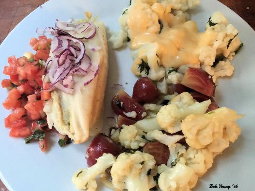 Fresh Tamale with Pico de Gallo and ShavedRed Onion Cauliflower with Cheese Sauce Baby Beets and Cauliflower in Brown BUtter