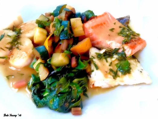 Braised Scallops in Garlic Butter Zucchini and Baby Turnip with Rainbow Chard Medley Braised Salmon and Halibut in a Tarragon Cream Sauce