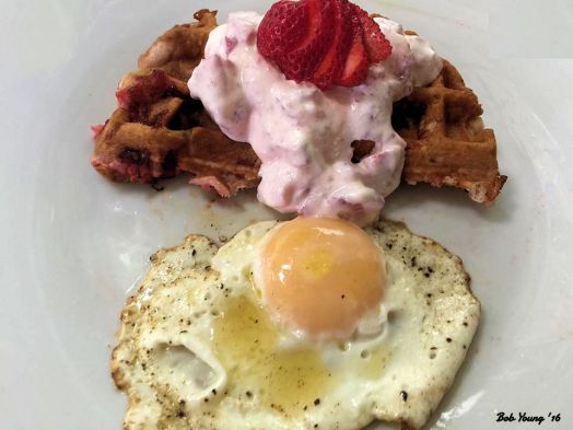 Strrawberry Waffles with Strawberry Sour Cream Topping Sunnyside Up Egg