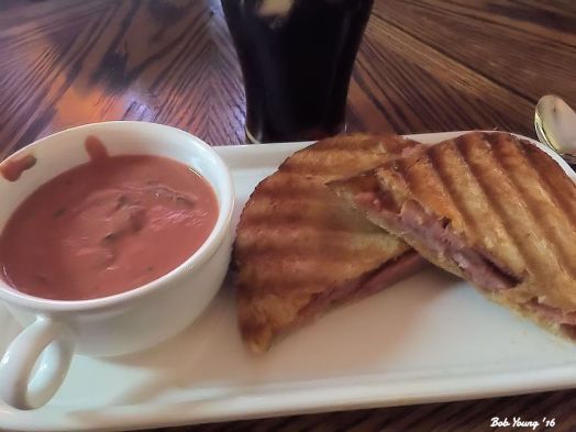Grilled Spam and Cheese on Acme Sourdough Toast Housemade Cream of Tomato Soup with Basil