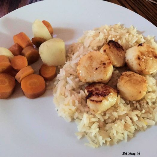 Braised Sea Scallops on Jasamine Rice Steamed Baby Carrots and Turnips
