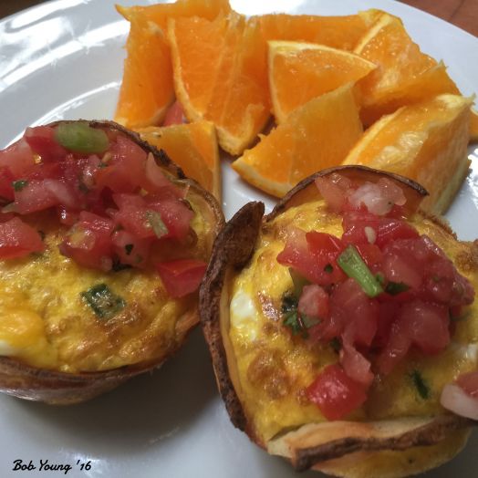 Bre akfast Potato Cups Plated. They should come right out of the muffin tins as a unit. Serve with fresh fruit.