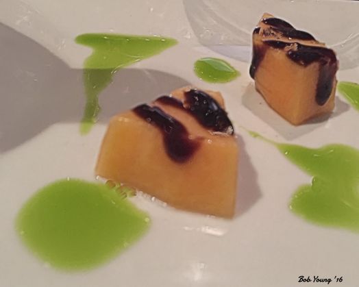 Cantaloupe with Raspberry Balsamic Reduction and Lime Oil