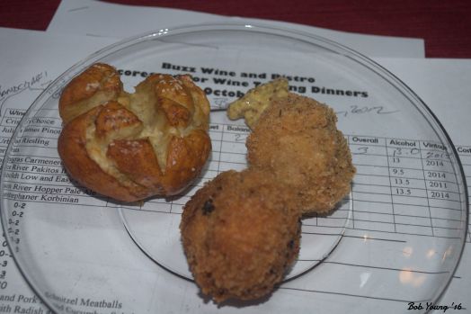 Pretzels and Pork Schnitzel Meatballs 2014 Julia James Pinot Noir. a13% alc. an OK wine. the Snake River Pakitos IPA went better, though