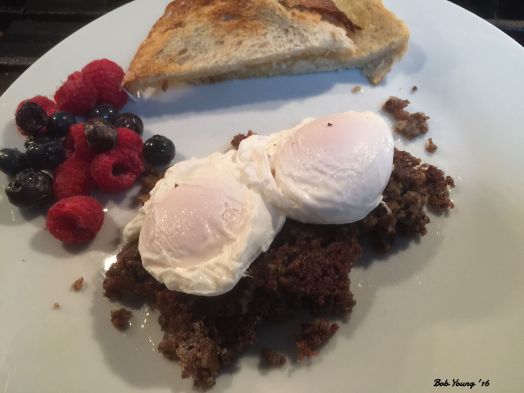 Crumble Scrapple with Meadowlard Farms Poached Eggs Acme Bakeshop Toasted Sourdough Fresh Raspberries and Blueberries