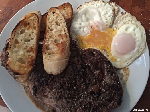 Desert Mopuntain Ribeye Toasted Bruchetta with Rubbed Garlic Sunnyside Up Eggs
