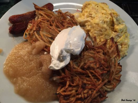 Latkes with Sour Cream and Applesaoce Sausage Links Scrambled Eggs
