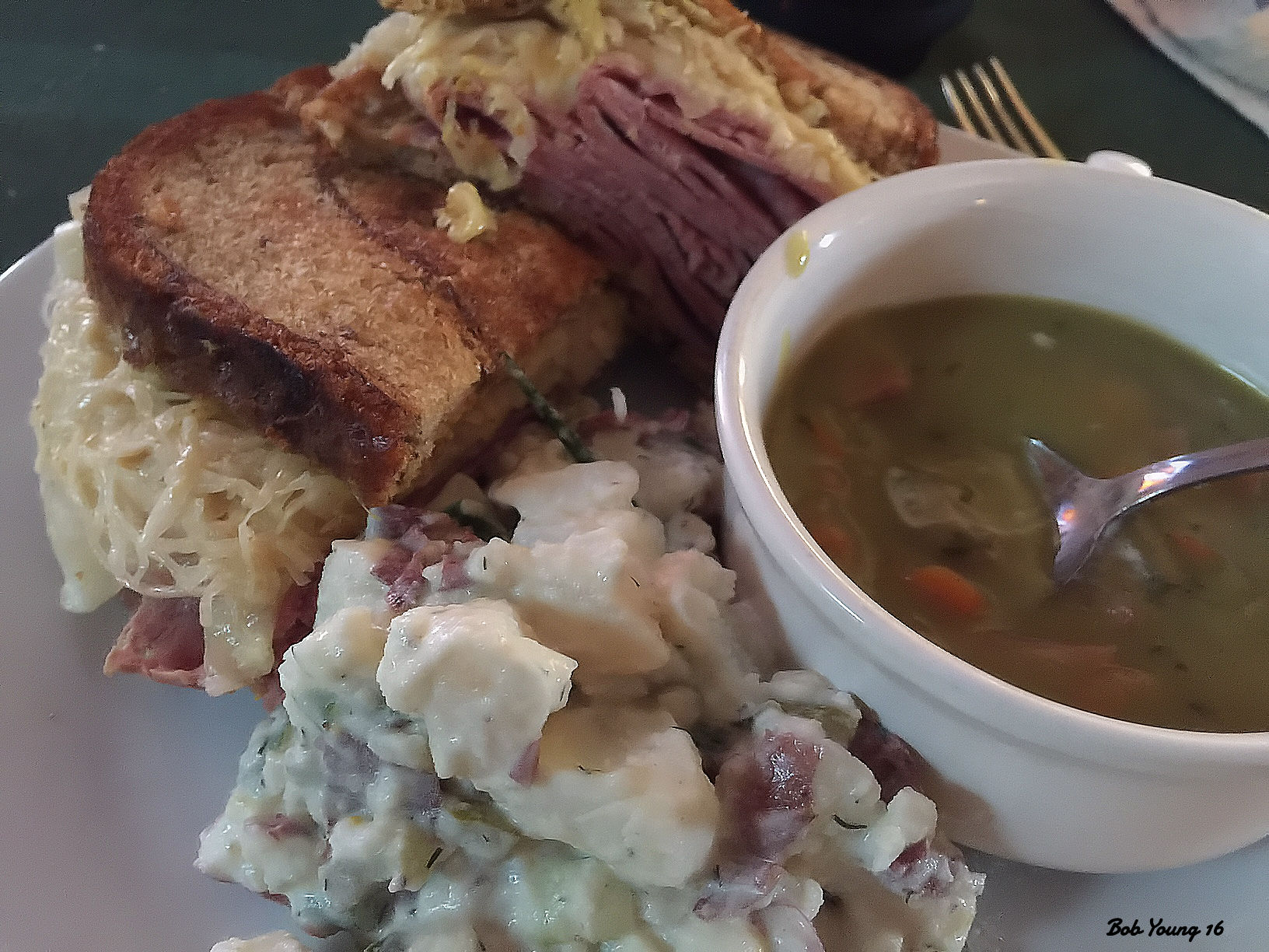 We did a take-out. Reuben Sandwich Potato Salad Split Pea and Ham Soup We did like the Reuben - great horseradish in the Russian Dressing. Soup was good; Hearty. The potato salad was good. I missed the dill pickle slice with the Reuben and I think that the Acme Bakeshop here in Boise has much better rye bread - Old World Rye, as Acme calls it.