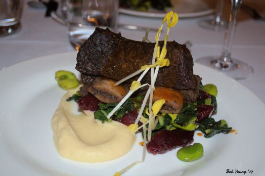 Main Course - Coffee bison short rib, beet gnocchi, celery root, fava, winter vgreens, dmi and micros