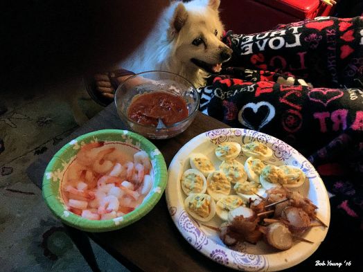  New Years Eve Shrimp Bacon Wrapped Scallops Rice and Cheese Balls Deviled Eggs Variety of Wines