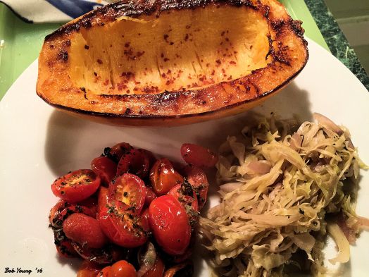  2017 Day Two Baked Spaghetti Squash Steamed Cabbage and Onion Roasted Herbed Tomatoes