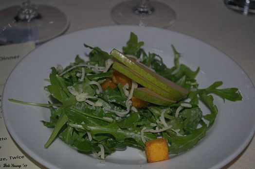  Arugula Leaf Salad tossed with White Pear Vinaigrette, Fresh Pear, Polenta Croutons and Truffle Cheddar Cheese